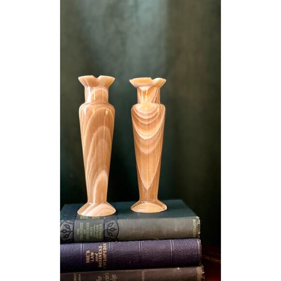 Vintage Egyptian Alabaster Marble Onyx Vases Candle Holders Set of 2 Handmade - Picture 2 of 13